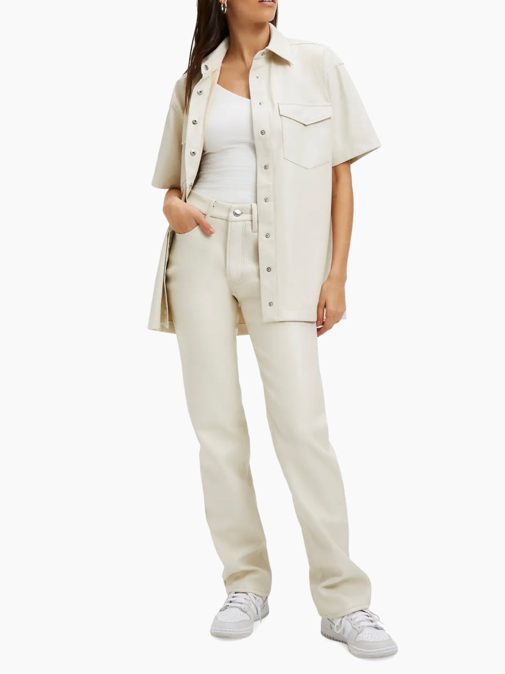 Good American Good Icon Faux Leather Pants Bone Cream High Rise Size 8 / 29